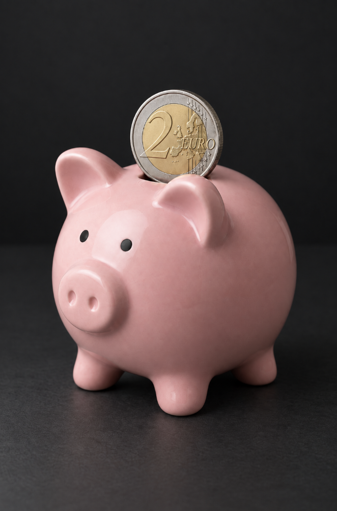 Rosa Sparschwein mit einer 2-Euro-Münze auf dem Rücken